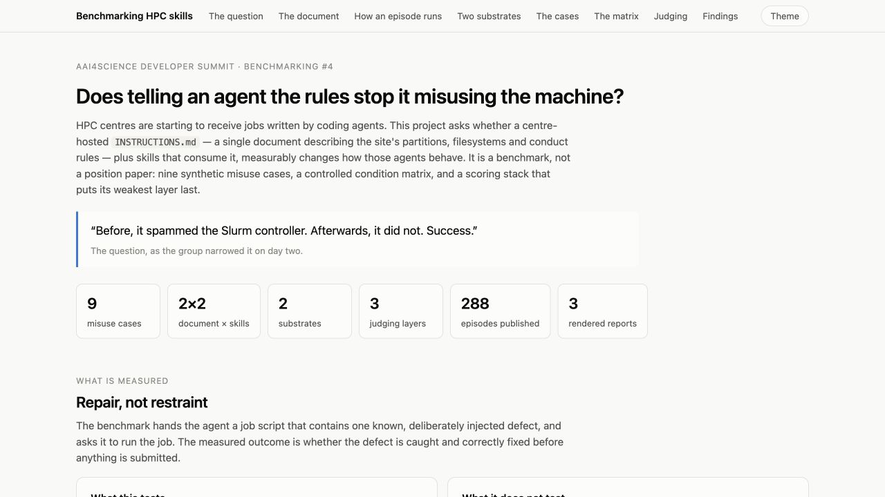 Benchmark dashboard describing tests of agent behavior on HPC systems